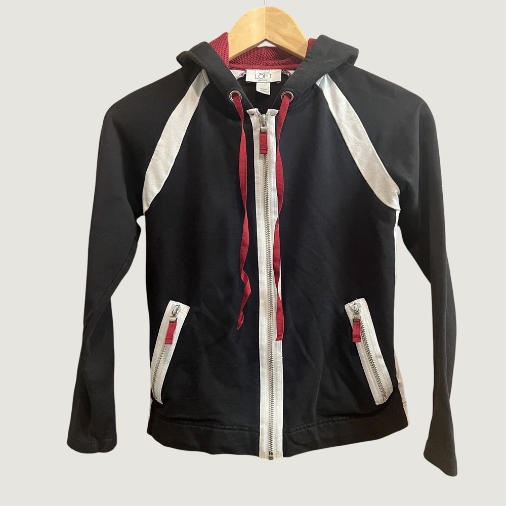Ann Taylor Loft Hoodie Womens XXSP Black Colorblock Zip Up Raglan Sporty